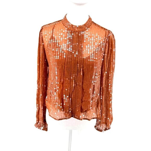 NWT J. Crew Sequined Mockneck Sheer Blouse Copper Brown W/ Silk Cami XS GORGEOUS - Picture 1 of 13